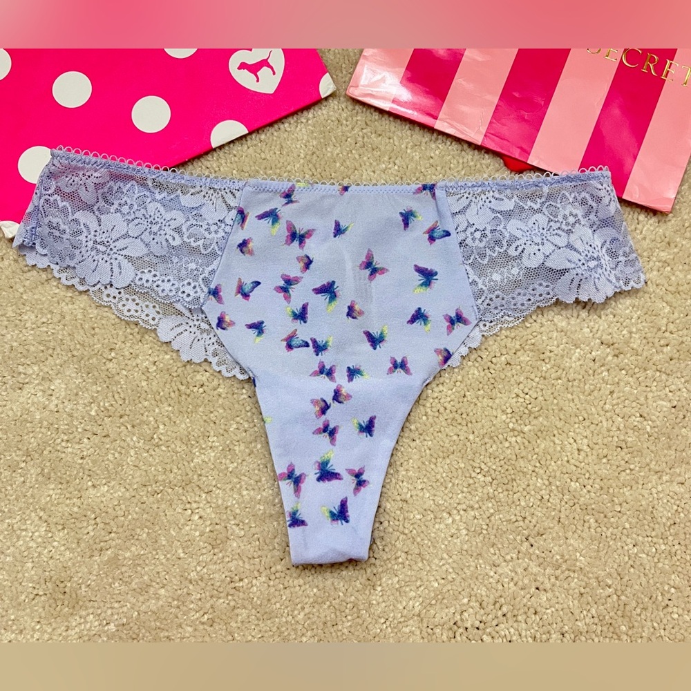 New Victoria’s Secret PINK Blue Butterfly Smooth No Show Thong Panties Medium m